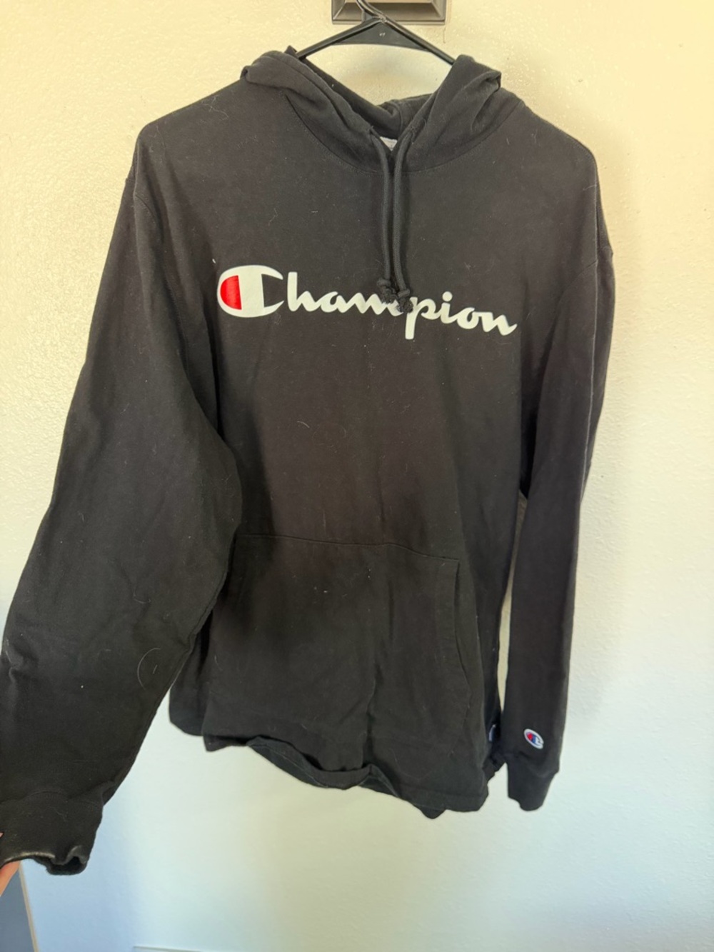 Champion Light Weight Black Hoodie with White Script and Red Emblem